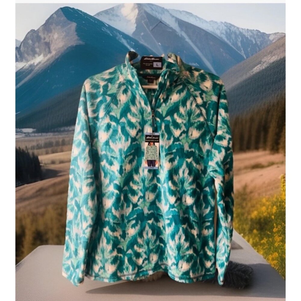 Eddie Bauer Womens Polar Fleece 1/4 Zip Pullover XL Turquoise Leaf Print comfort